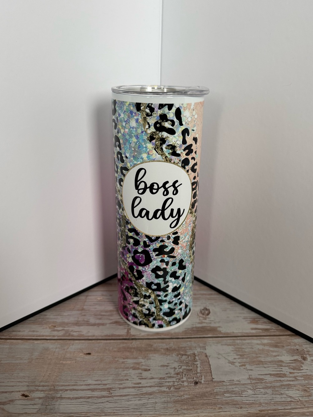 Boss Lady Leopard Tumbler - Pink Multicolor, water bottle, woman business owner